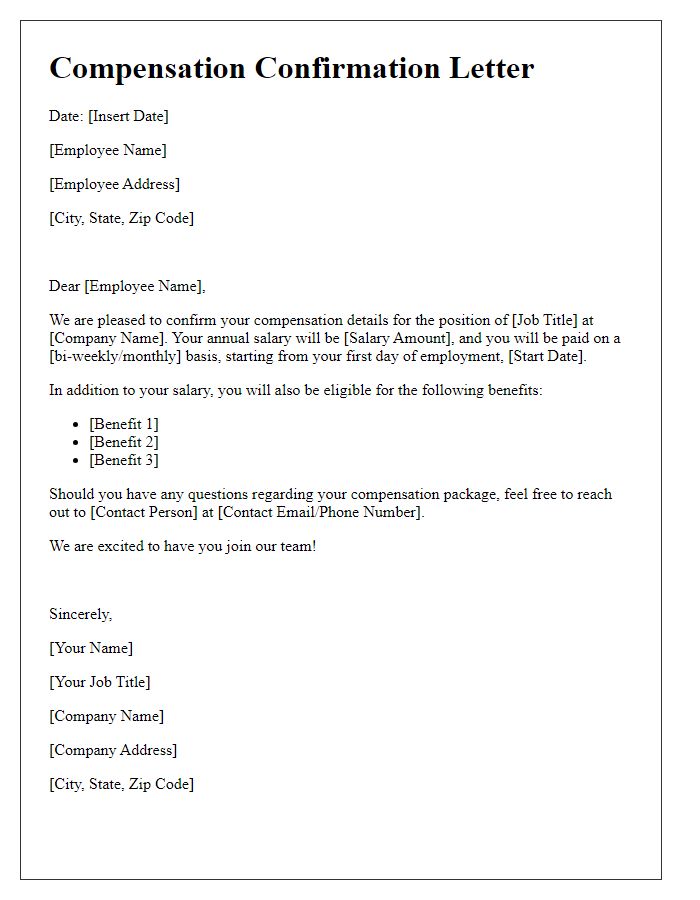 Letter template of compensation confirmation for new hire