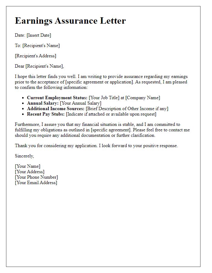 Letter template of earnings assurance prior to acceptance