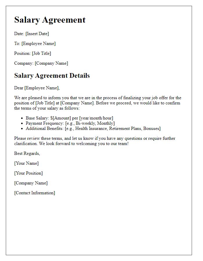 Letter template of salary agreement before job offer