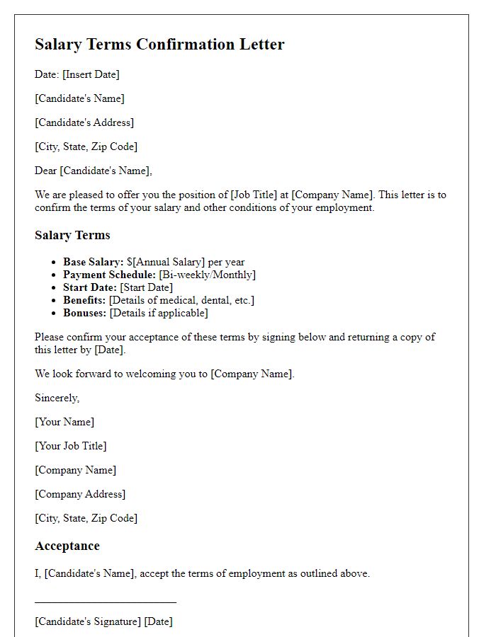 Letter template of salary terms confirmation before employment