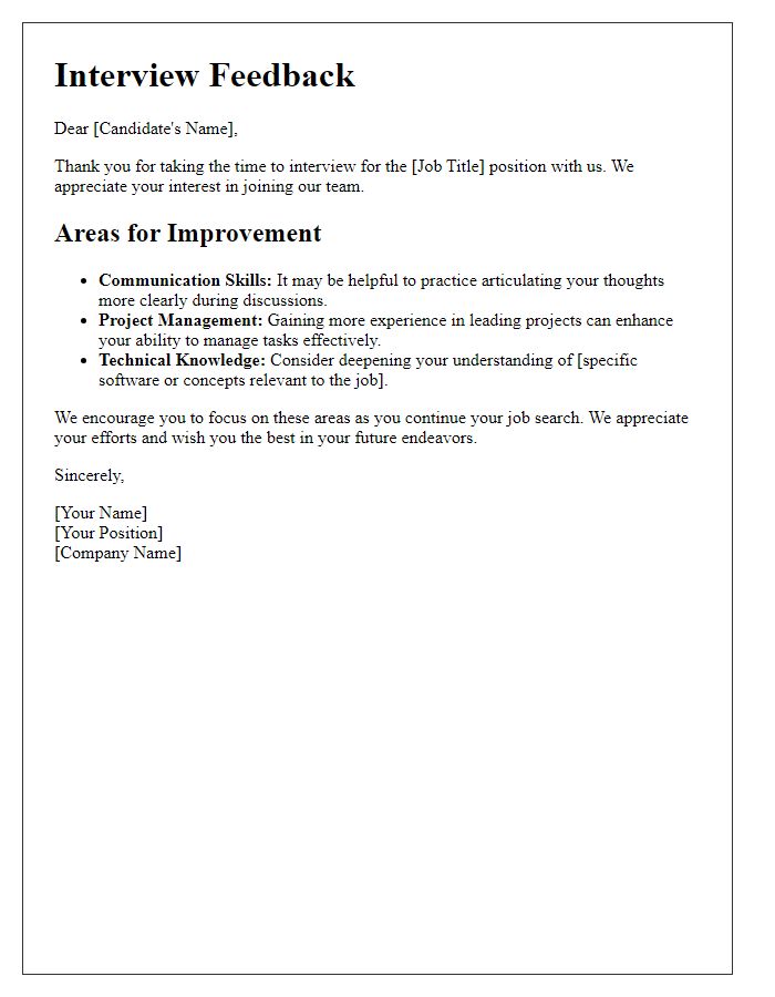 Letter template of areas for improvement following the interview