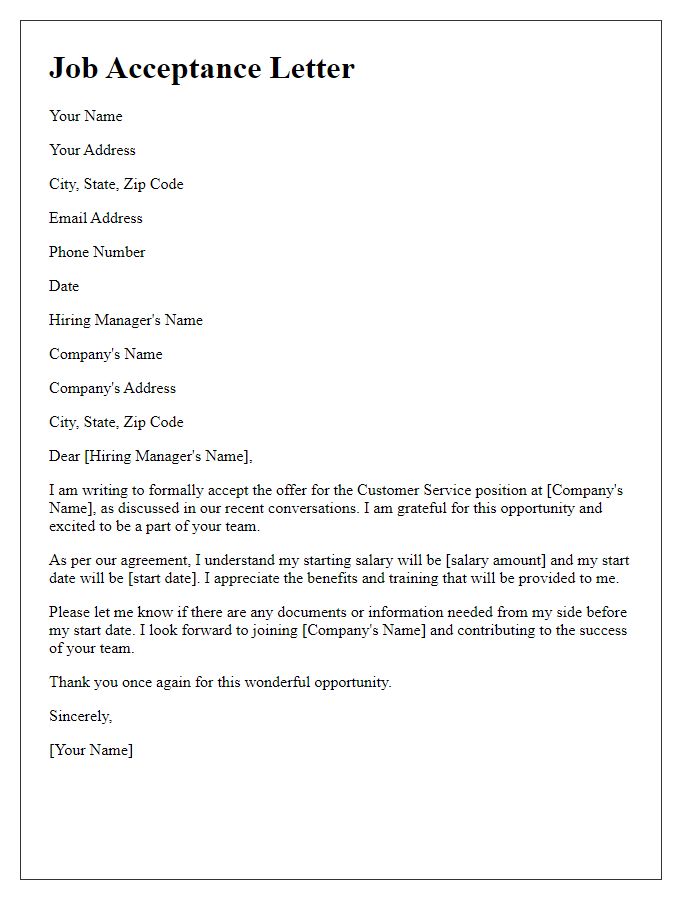 Letter template of job acceptance for a customer service position