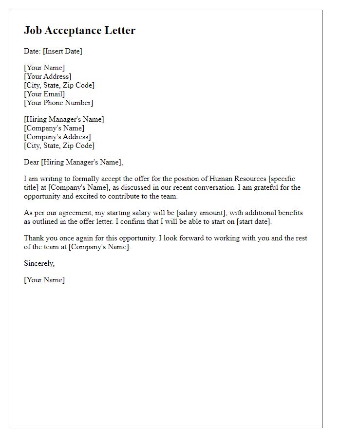 Letter template of job acceptance for a human resources role