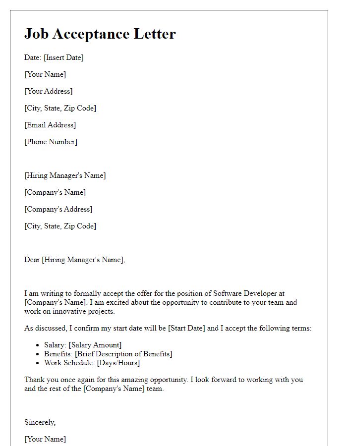 Letter template of job acceptance for a software developer role