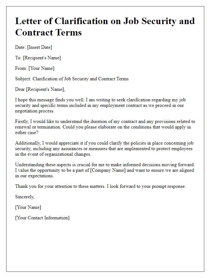 Letter template of clarifying job security and contract terms in negotiation.