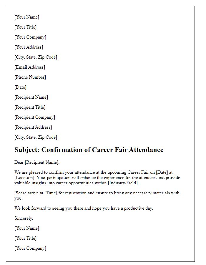 Letter template of confirmation for career fair attendance.