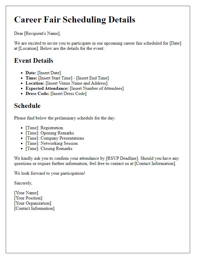 Letter template of details for career fair scheduling.