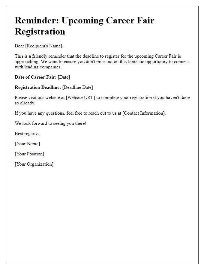 Letter template of reminder for career fair registration.