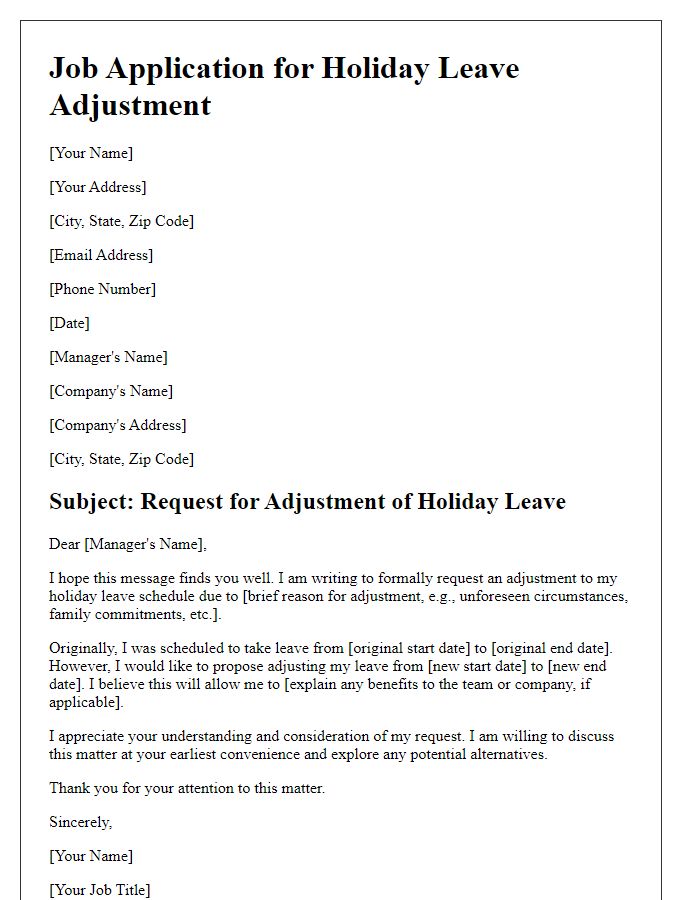 Letter template of job application appealing for holiday leave adjustments