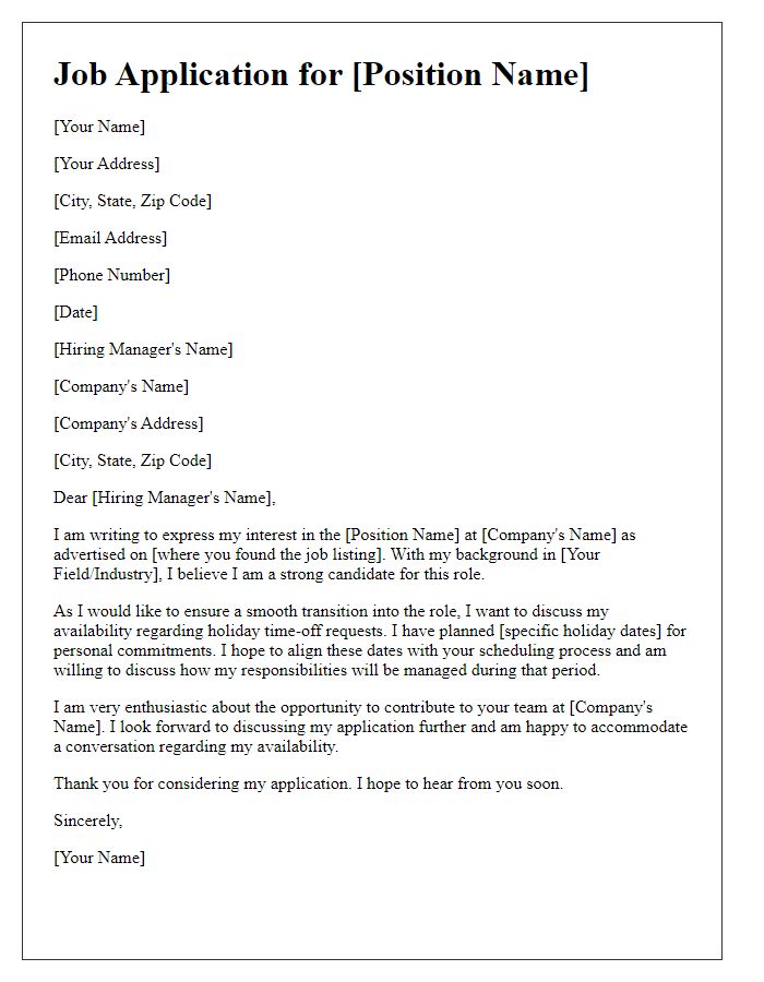 Letter template of job application discussing holiday time-off requests