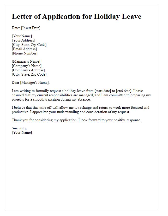 Letter template of job application requesting holiday leave consideration