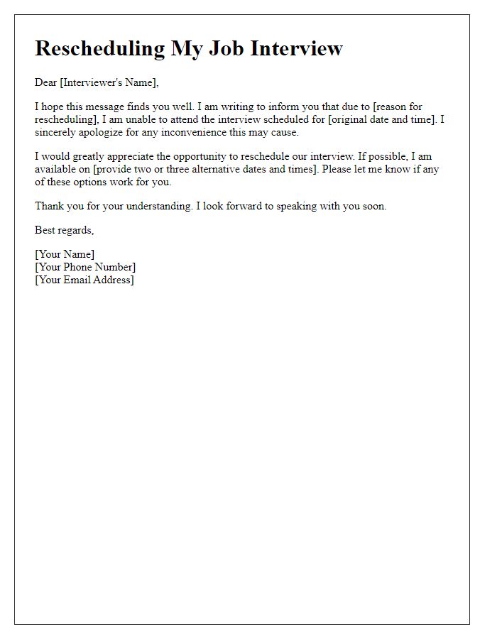 Letter template of rescheduling a job interview