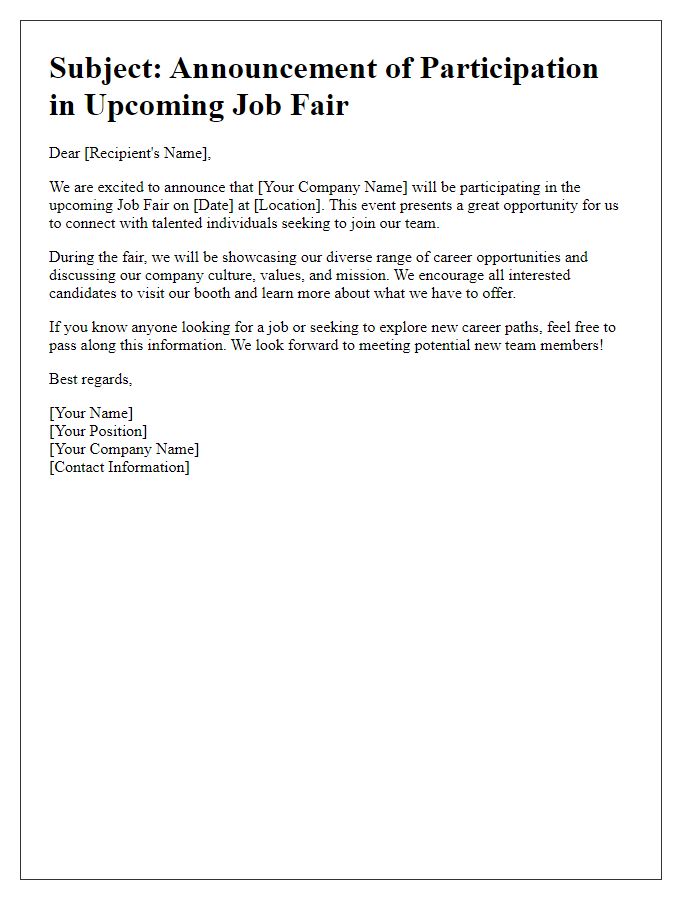 Letter template of announcement for participation in job fair