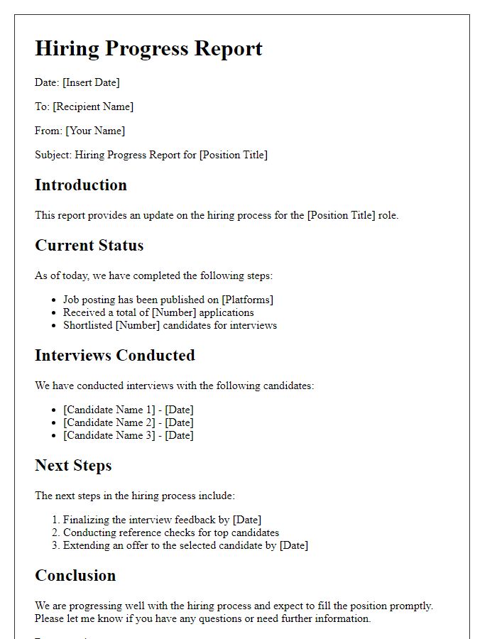 Letter template of hiring progress report