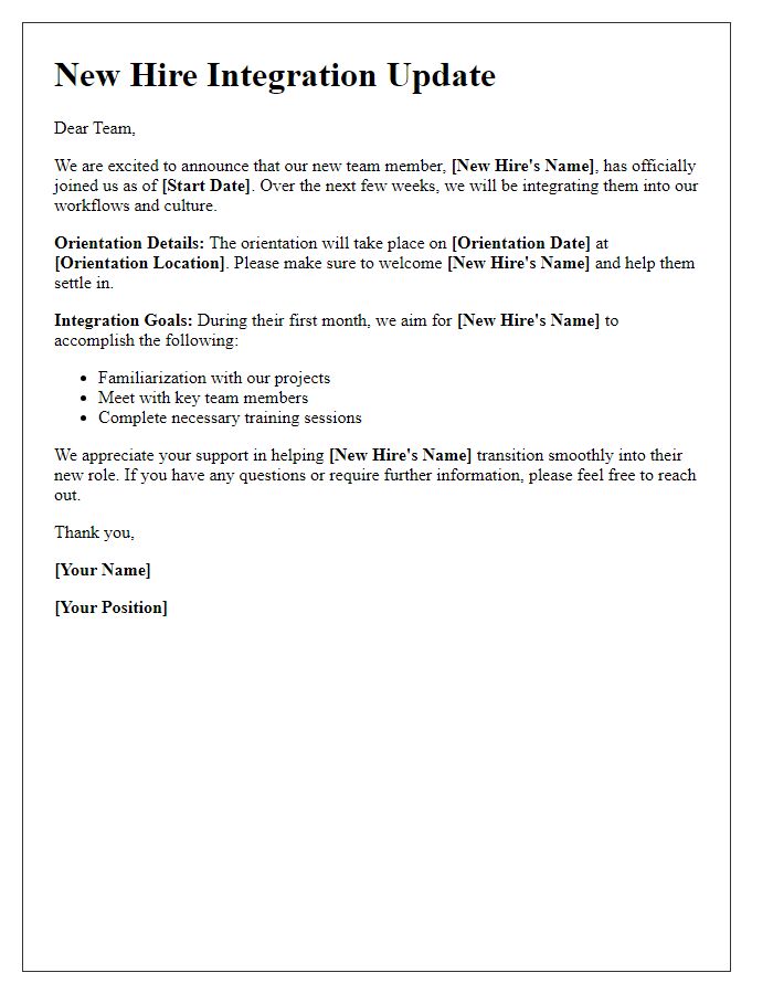 Letter template of new hire integration update