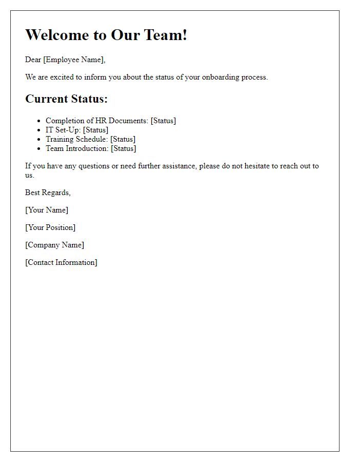 Letter template of onboarding process status