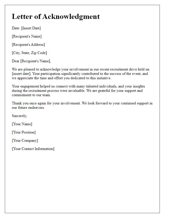 Letter template of acknowledgment for recruitment drive involvement.
