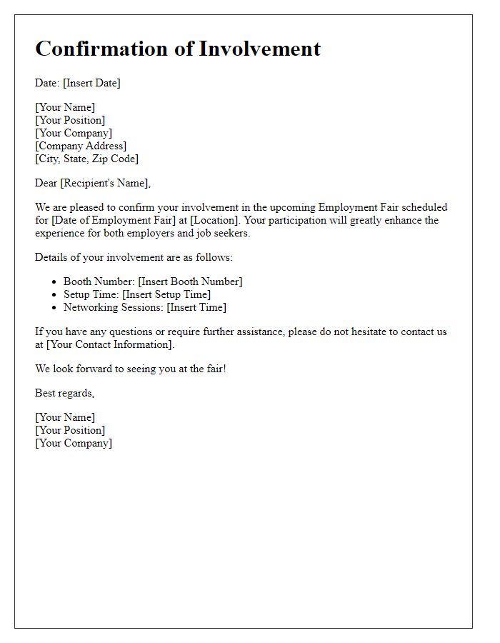 Letter template of confirmation of involvement in employment fair.