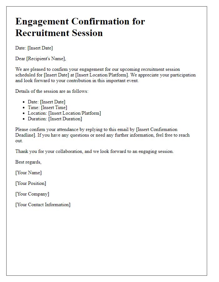 Letter template of engagement confirmation for recruitment session.