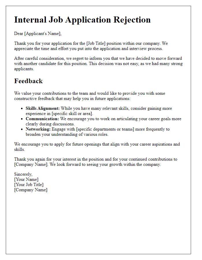 Letter template of internal job application rejection with constructive feedback.