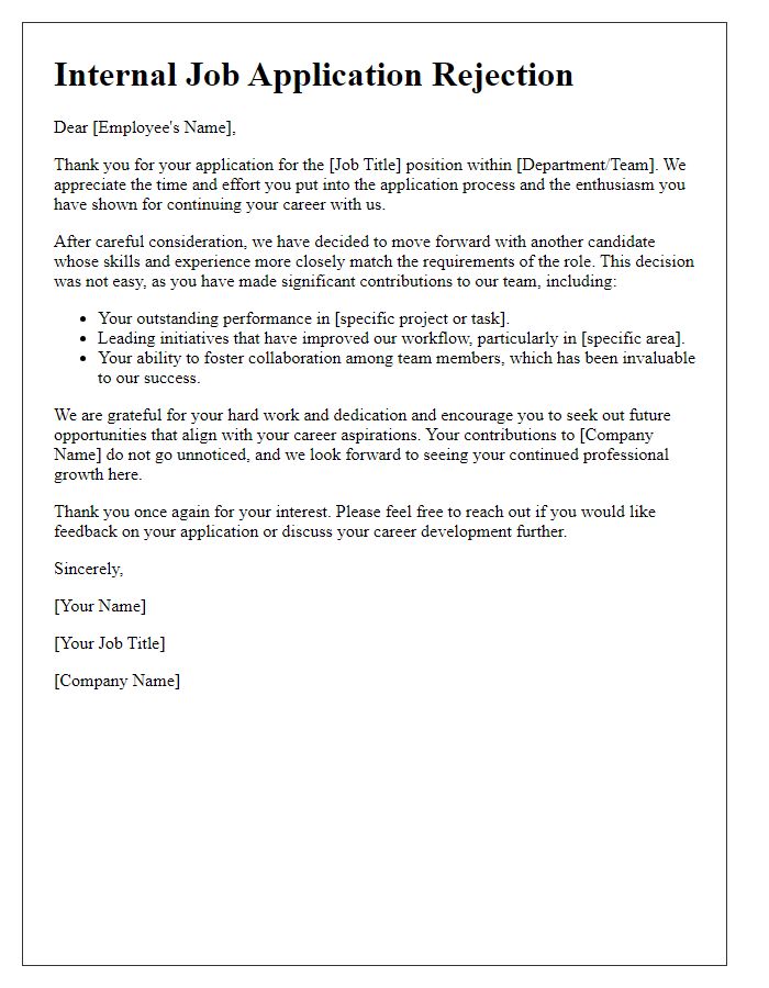 Letter template of internal job application rejection highlighting team contributions.