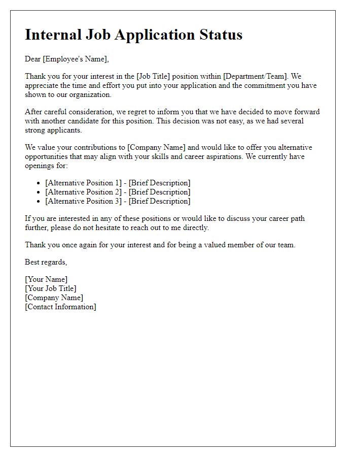 Letter template of internal job application rejection offering alternative positions.