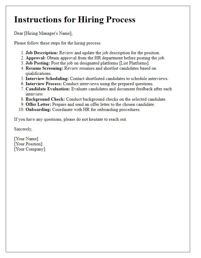 Letter template of instructions on hiring processes