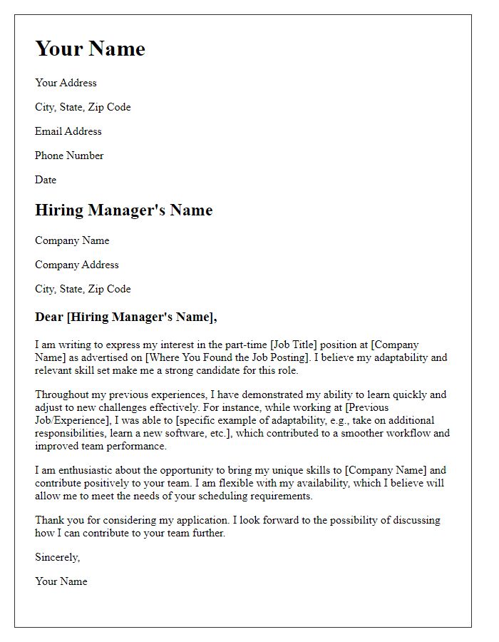 Letter template of part-time job application showing adaptability.