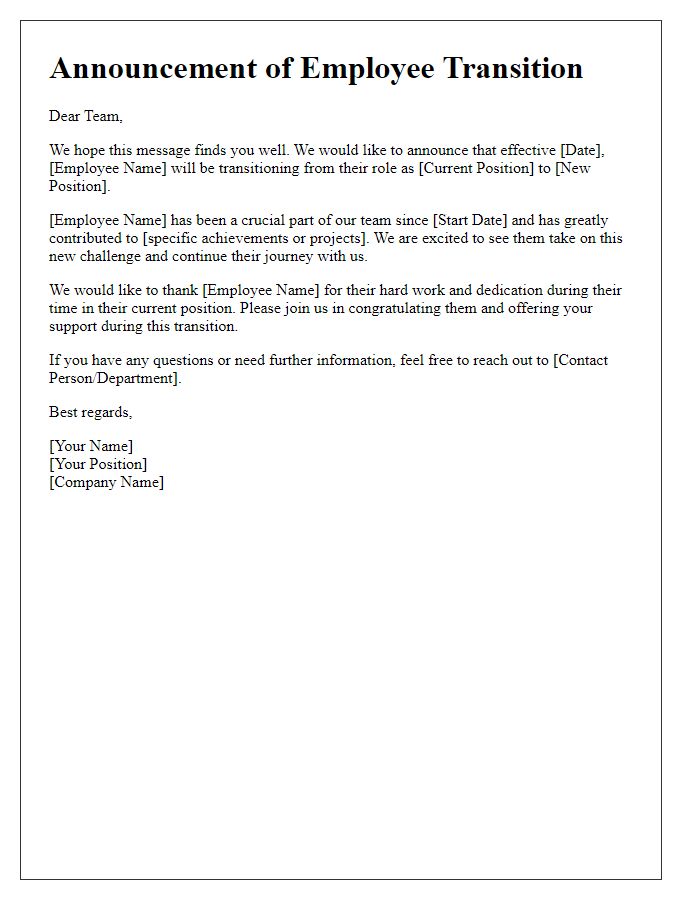 Letter template of announcement for employee transitions