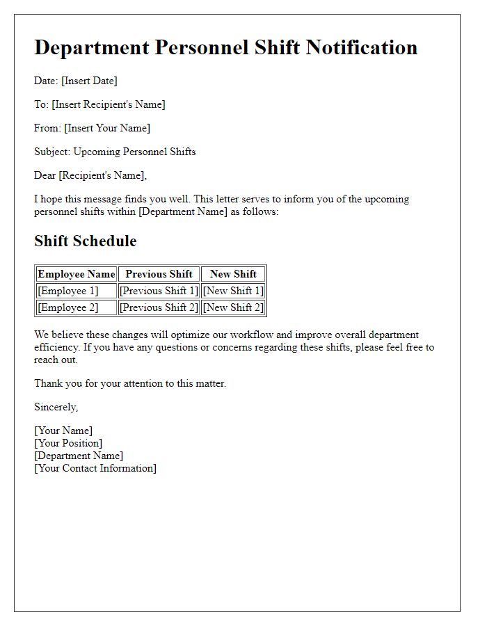 Letter template of department personnel shifts