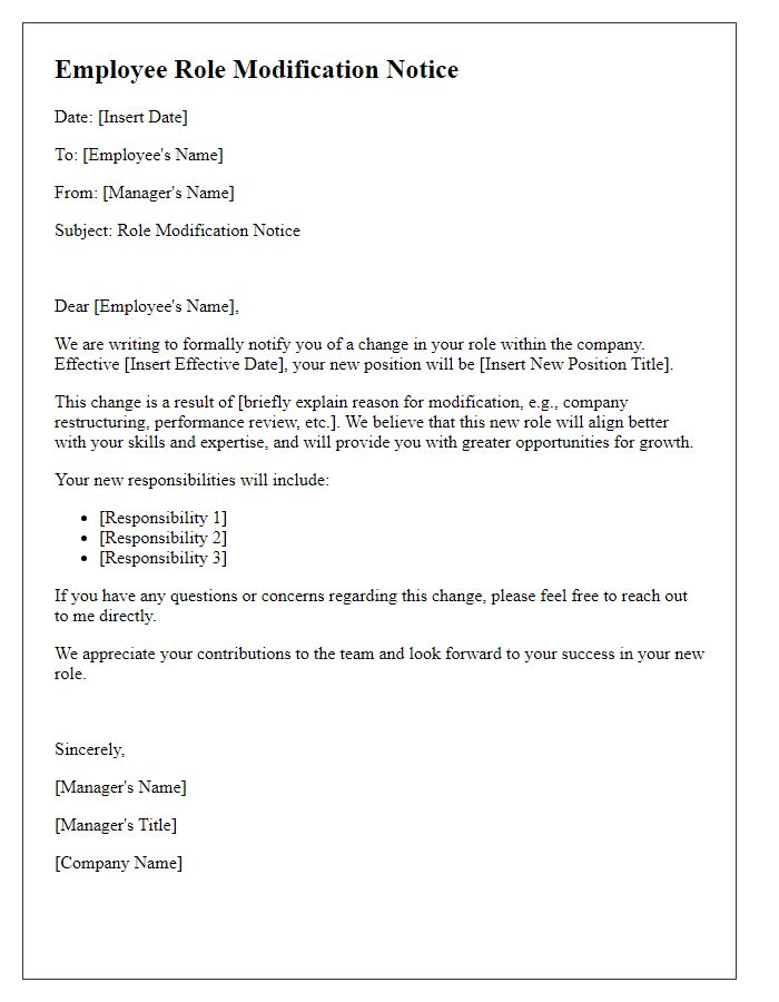 Letter template of employee role modification notice