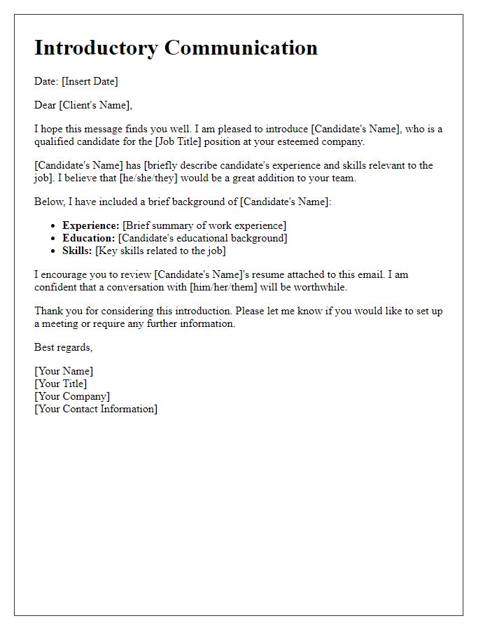 Letter template of Candidate and Client Introductory Communication