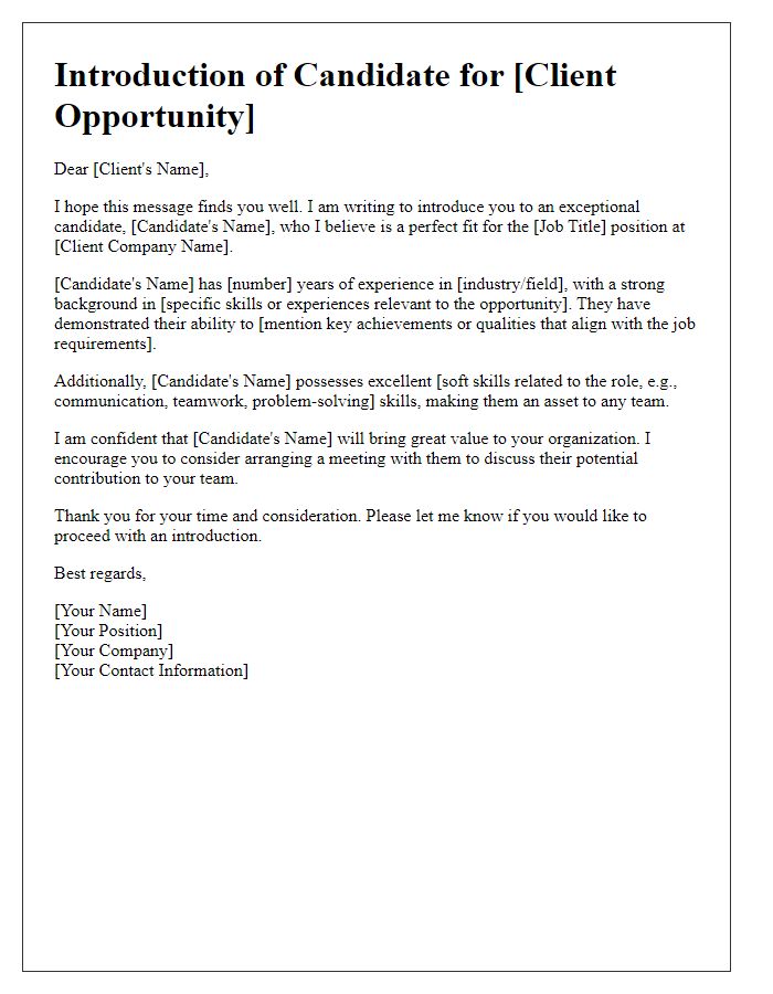 Letter template of Candidate Introduction to Client Opportunity