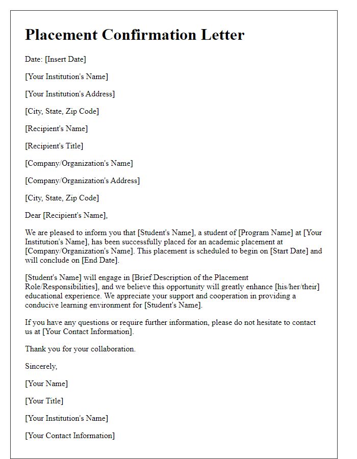 Letter template of placement confirmation for academic placement