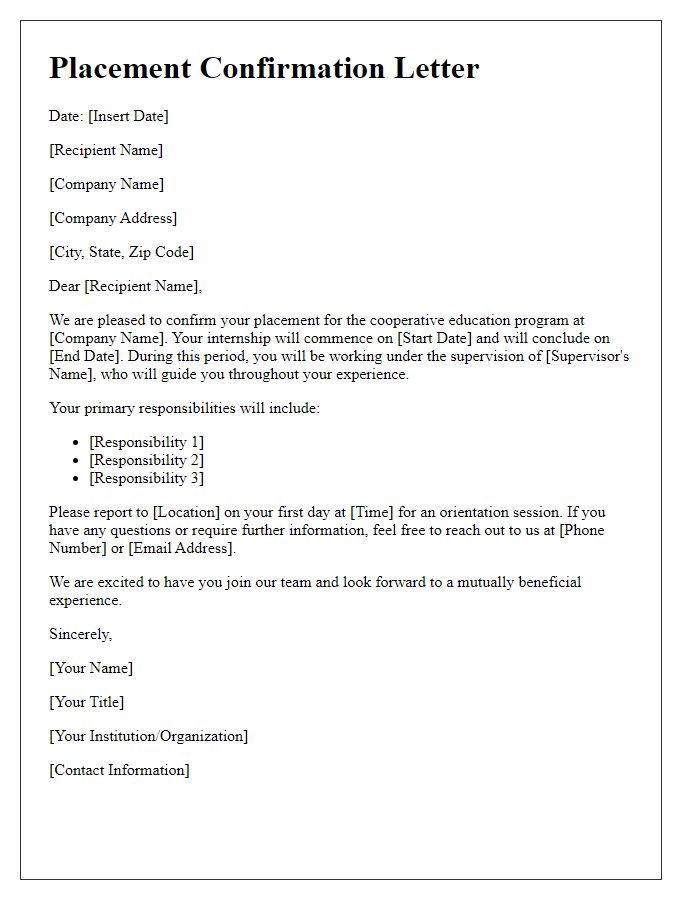 Letter template of placement confirmation for cooperative education