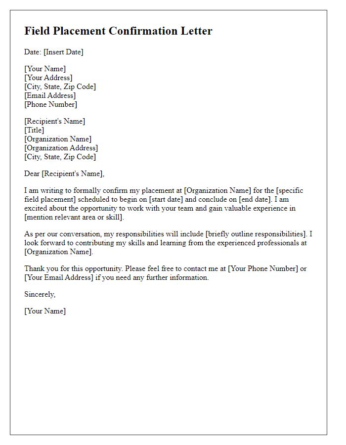 Letter template of placement confirmation for field placement