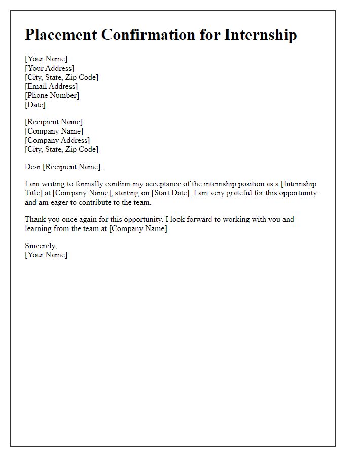 Letter template of placement confirmation for internship acceptance