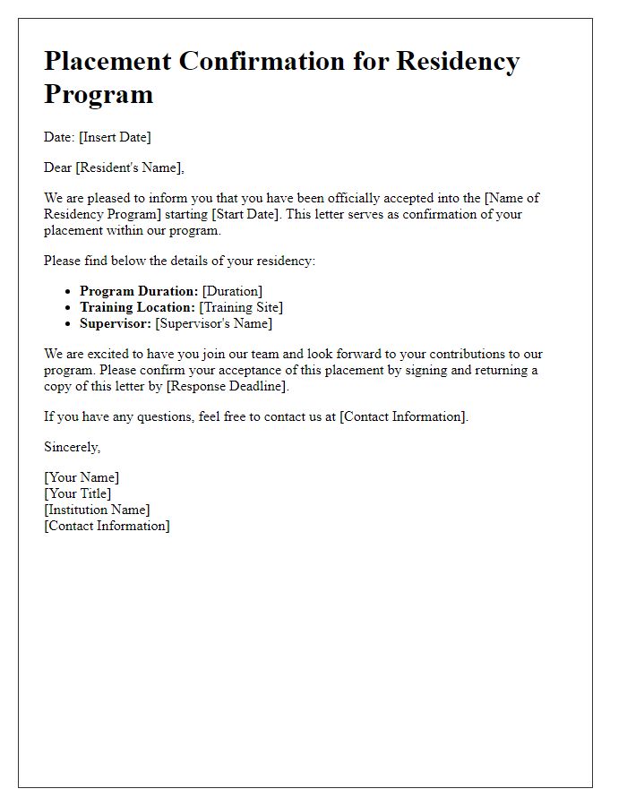 Letter template of placement confirmation for residency program