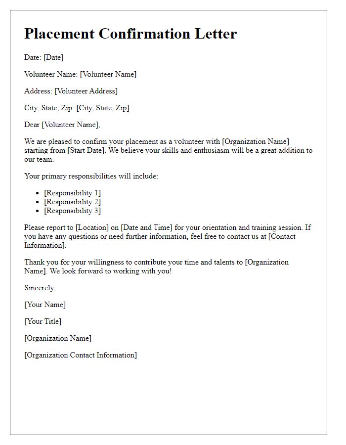 Letter template of placement confirmation for volunteer position