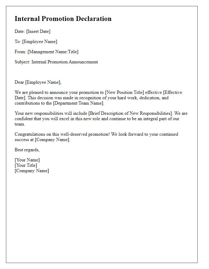 Letter template of internal promotion declaration from management