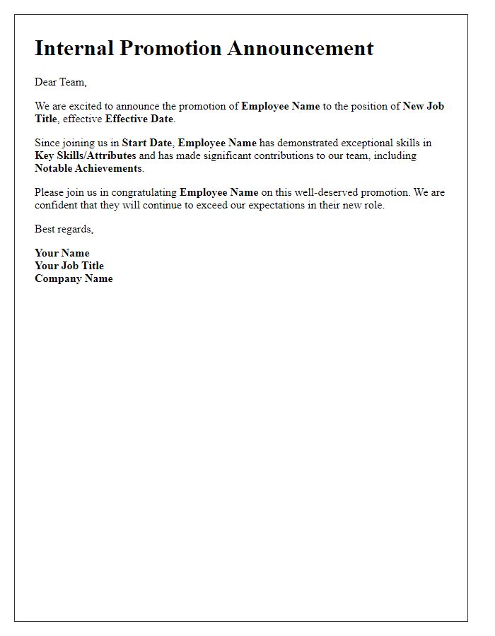 Letter template of internal promotion news for employee bulletin