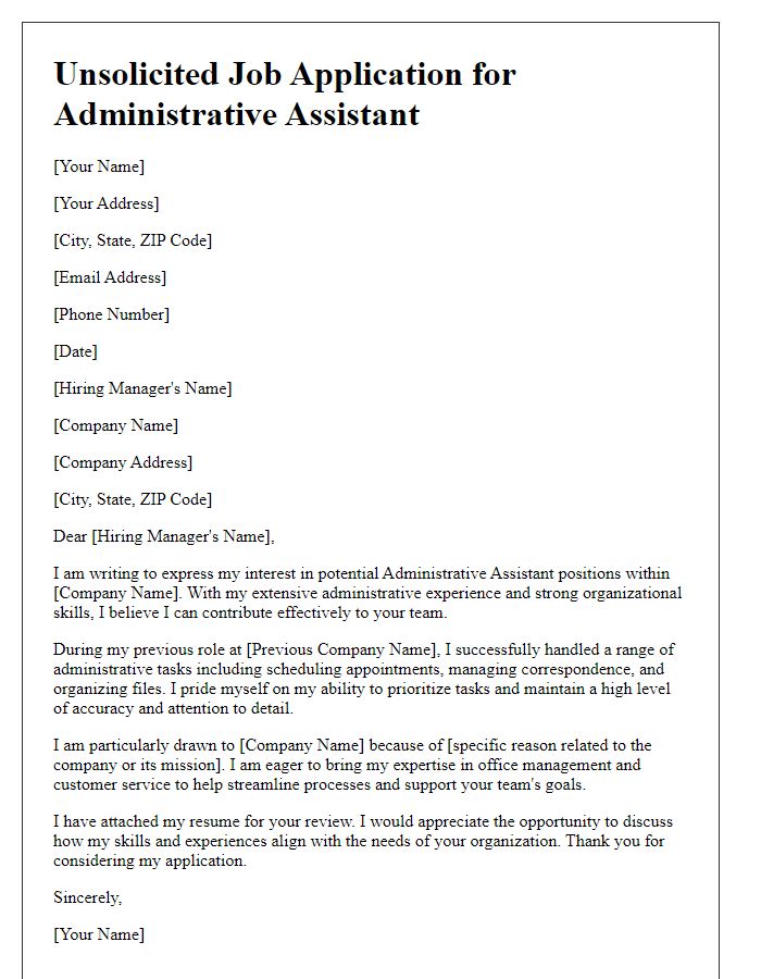 Letter template of unsolicited job application for administrative assistant