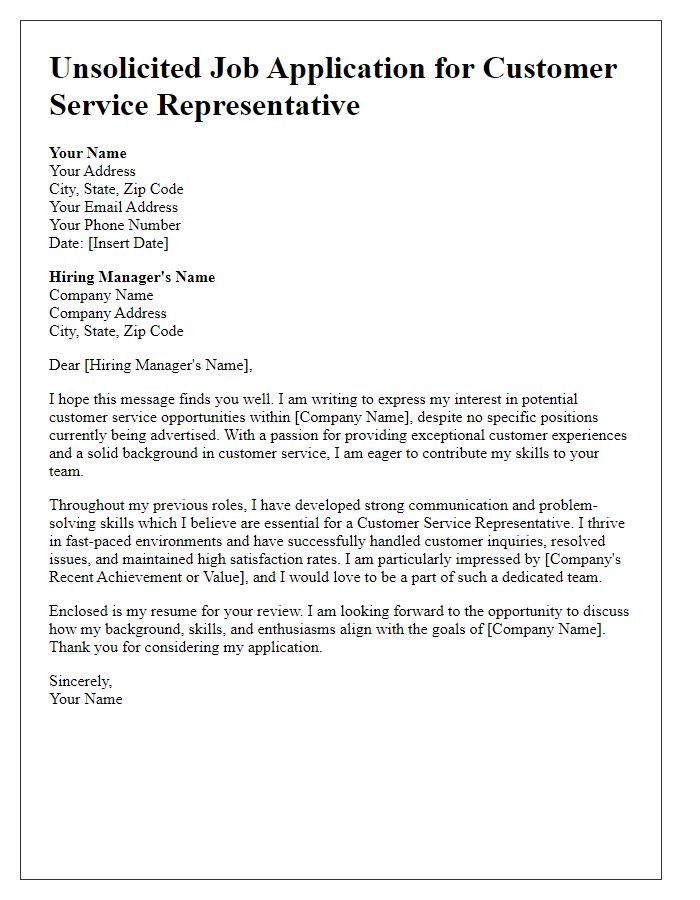 Letter template of unsolicited job application for customer service representative