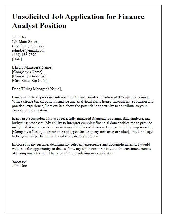 Letter template of unsolicited job application for finance analyst