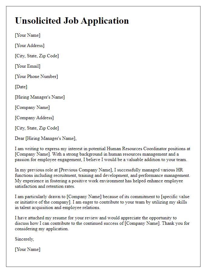 Letter template of unsolicited job application for human resources coordinator