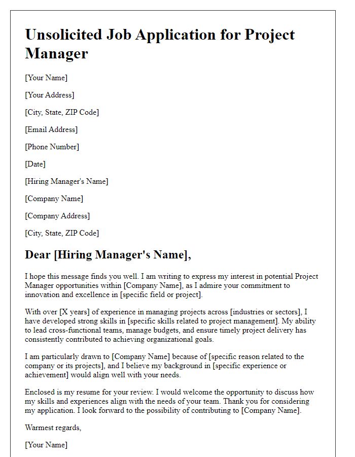 Letter template of unsolicited job application for project manager