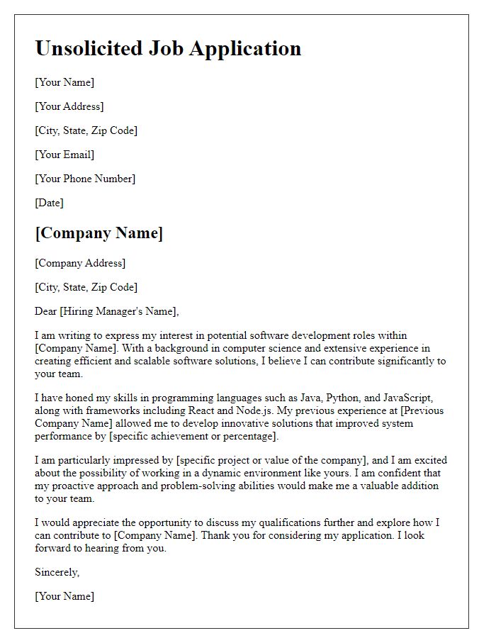 Letter template of unsolicited job application for software development role