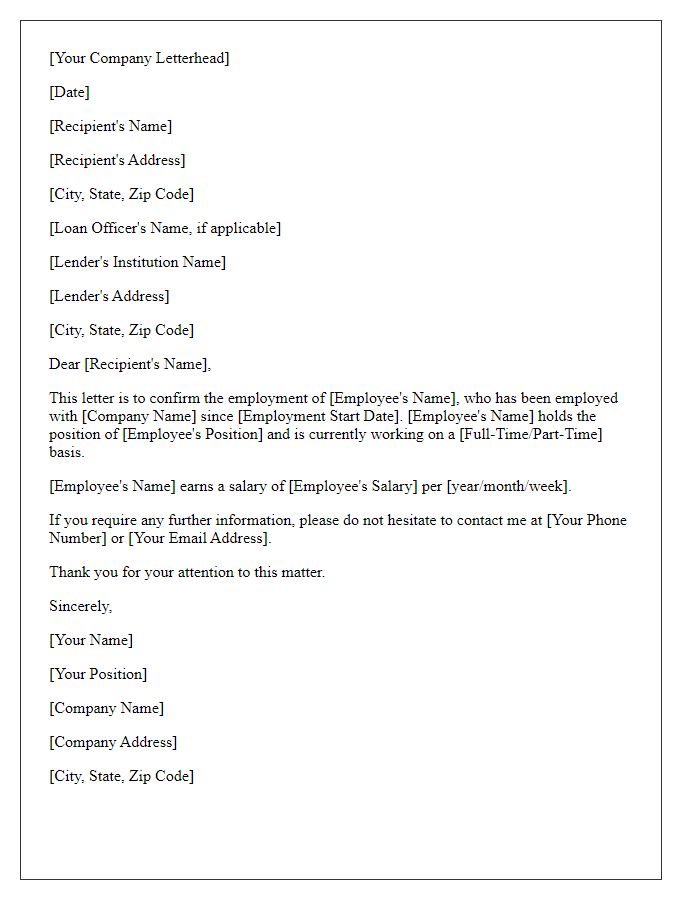 Letter template of employment verification for loan application