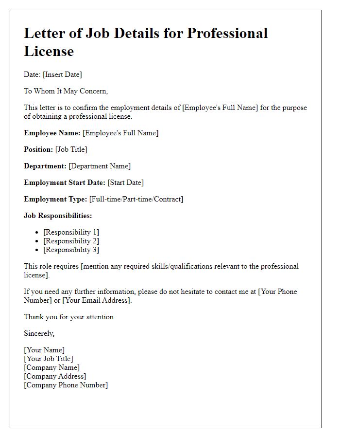 Letter template of job details for professional license