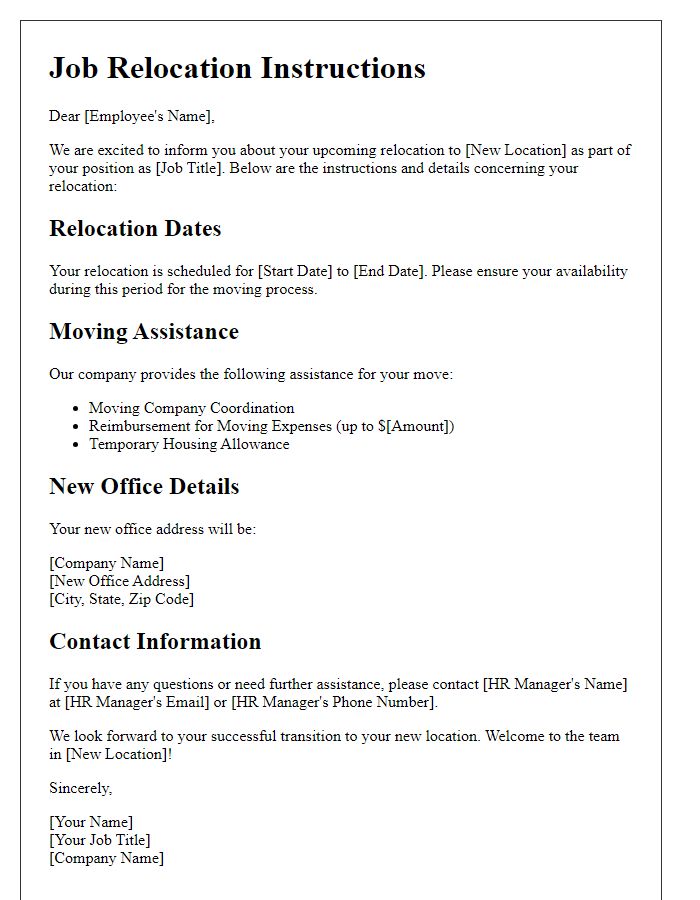 Letter template of job relocation instructions